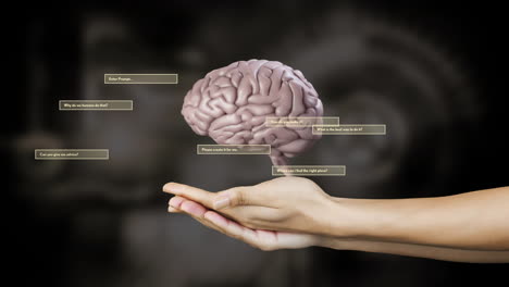 animación del cerebro humano y procesamiento de datos de ia sobre manos en fondo negro