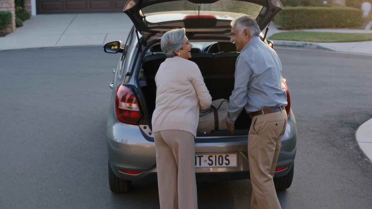 Abriendo el portón trasero, personas mayores vestidas de beige y azul colocando una bolsa de lona en el maletero de un coche en la entrada de vehículos para un viaje.