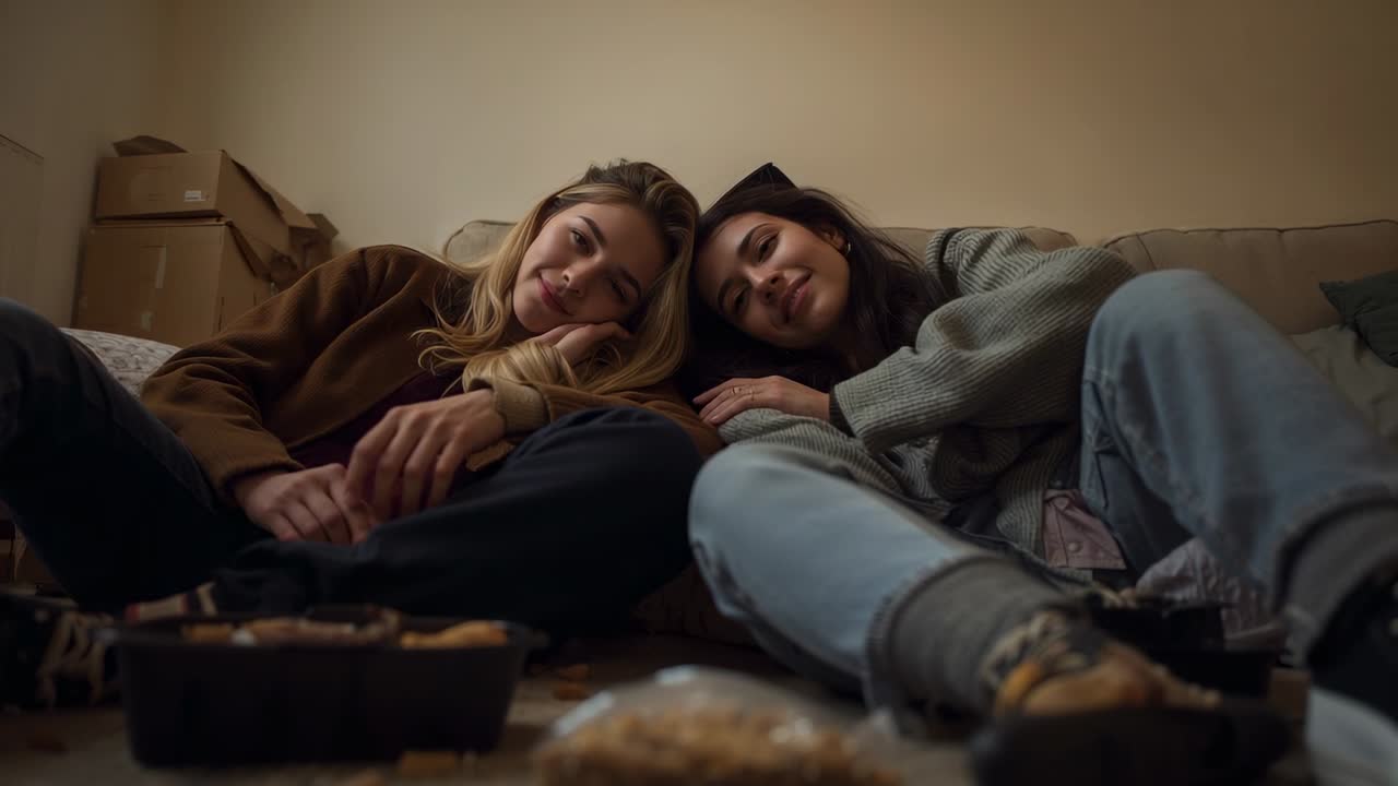 Sitting friends with heads touching, resting after move at home, casual clothes, snacks near boxes