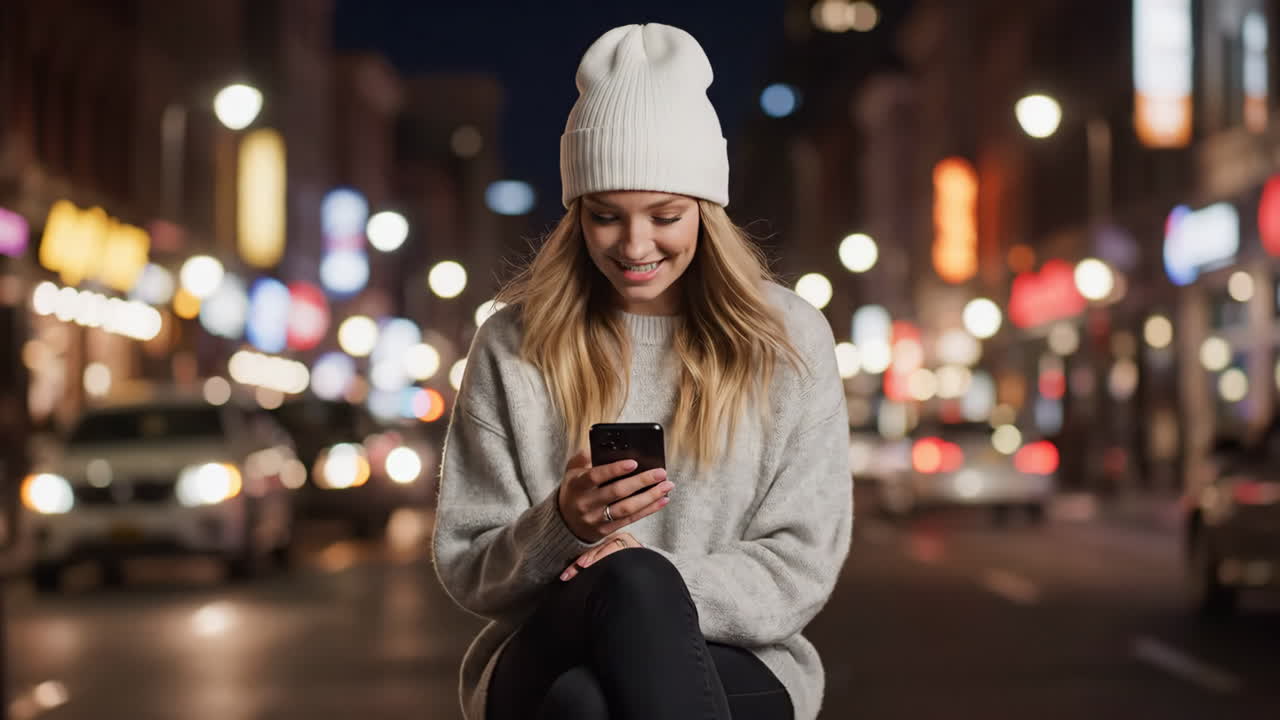 женщина пользуется телефоном в ночном городе