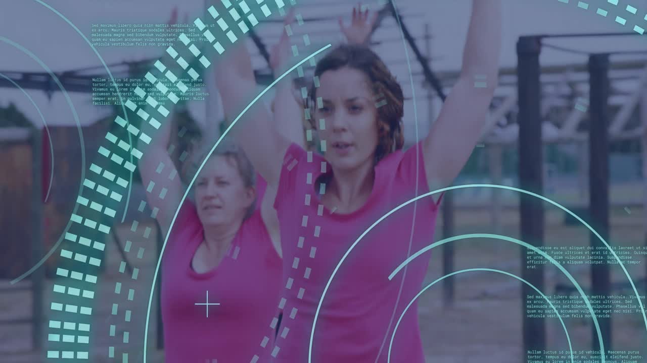 animación del procesamiento de datos sobre mujeres diversas en ejercicios de carrera de obstáculos