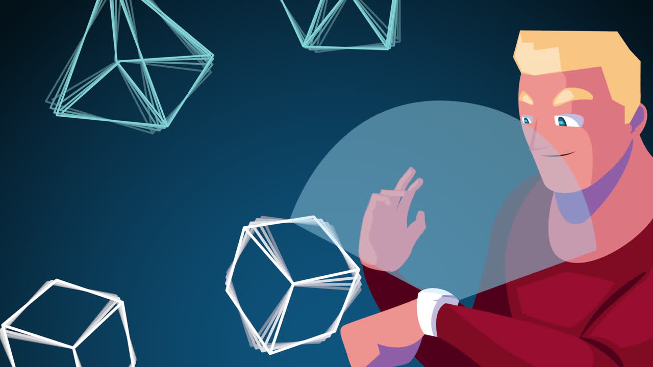 realidad virtual con un hombre rubio usando reloj inteligente y figuras
