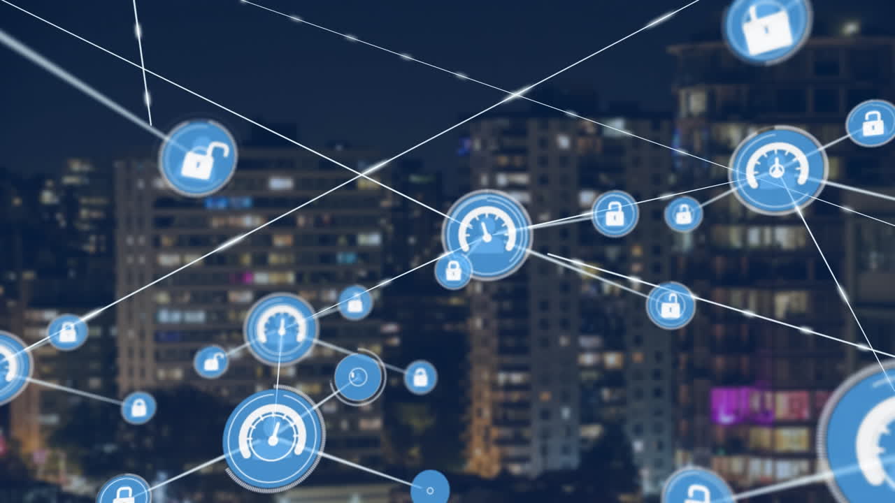 Animation of connected icons over illuminated modern buildings against night sky