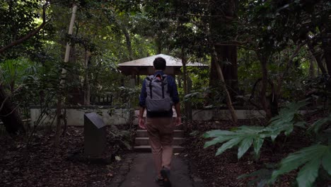 male hiker walking towards ancient shrine building inside dark and lush forest