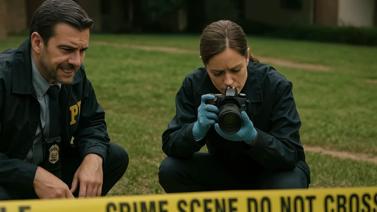 Dos detectives se agachan en la escena de un crimen, examinando pruebas