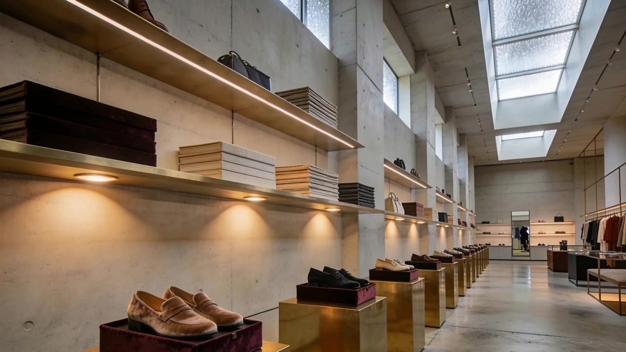 Gliding camera revealing brown loafers on velvet atop gold stand in store, showing shoes