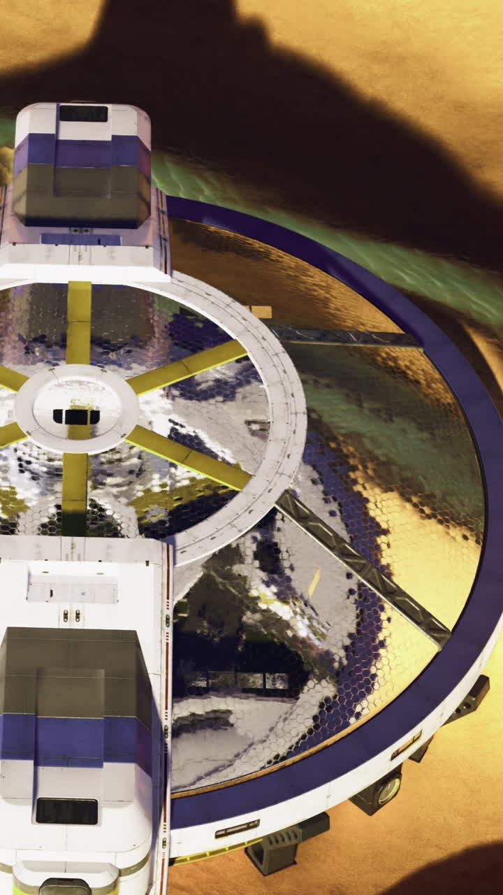 Diseño de estación espacial con un diseño circular y tonos de paisaje naranjas.