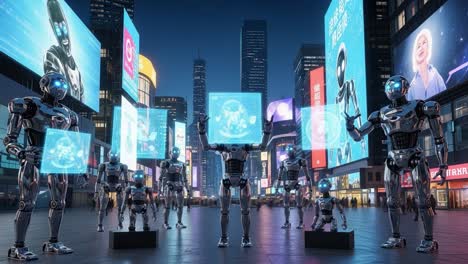 In a vibrant futuristic city, a group of humanoid robots stands confidently, showcasing holographic screens while illuminated billboards bring the scene to life at night.
