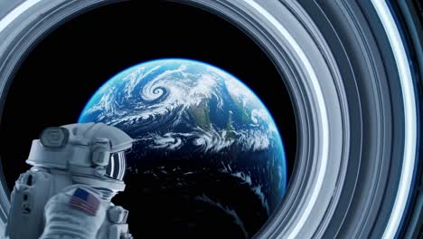 astronaut looking at earth from spacecraft window