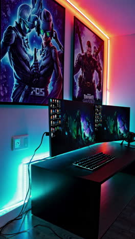gaming setup with rgb lighting and posters