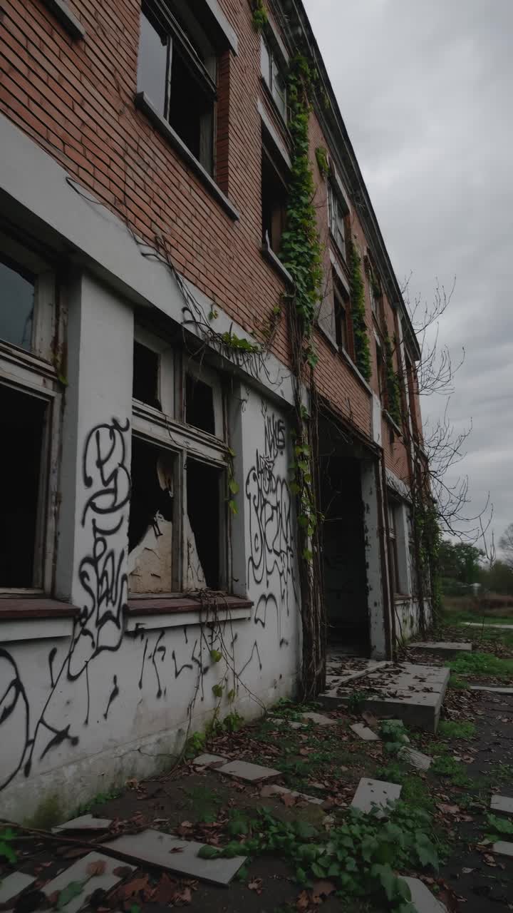 Low-angle video frame of an abandoned building with graffiti and overgrown vines