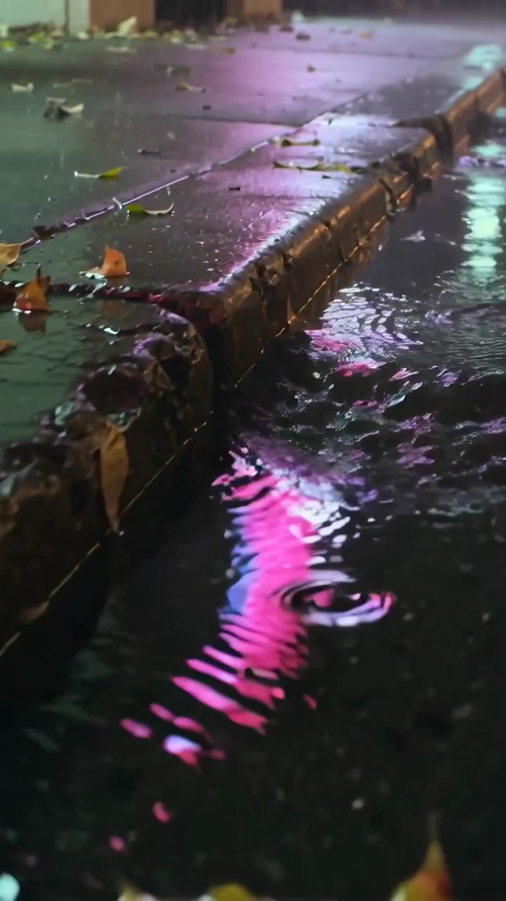 Vertical video: Rippling curb and puddle at night, light rain making neon glow, bobbing leaves