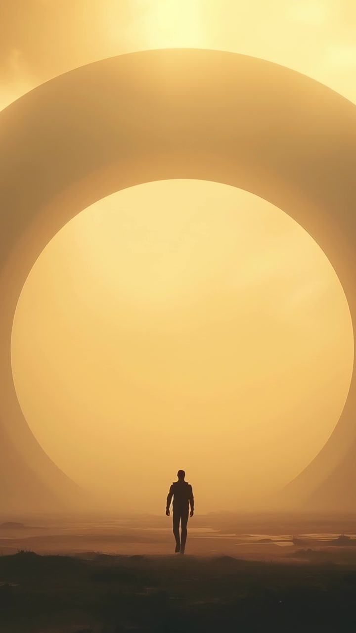 Vertical video: Man in dark clothes walking toward glowing ring on hazy plain, glow drawing him
