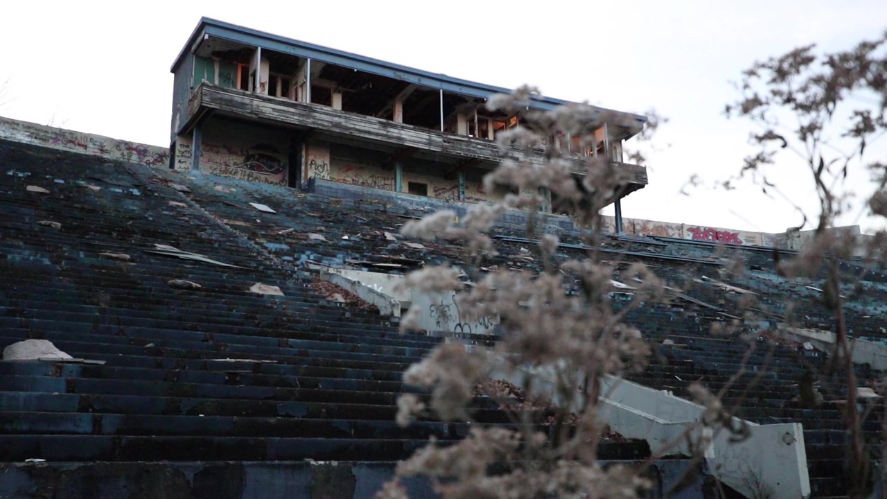The abandoned Rubberbowl in Akron, Ohio. Former college football stadium has fallen to ruins and been torn apart by nature.