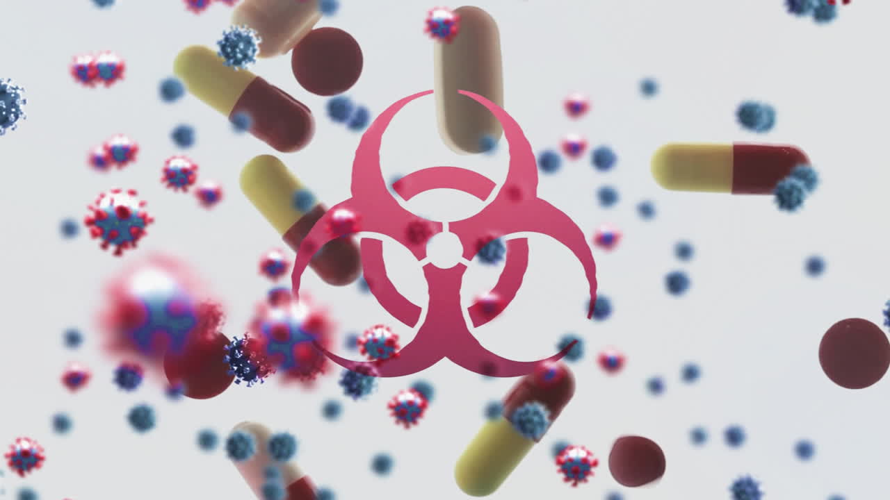 생물 위험 기호와 떨어지는 알약 위에 떠다니는 거대 코로나19 세포의 애니메이션