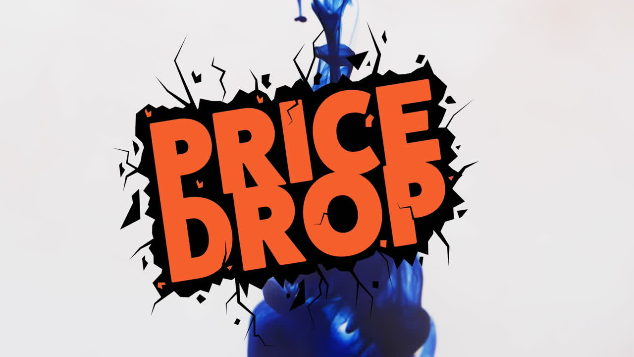 하 바탕에 파란 액체 위에 가격 하락 텍스트의 애니메이션