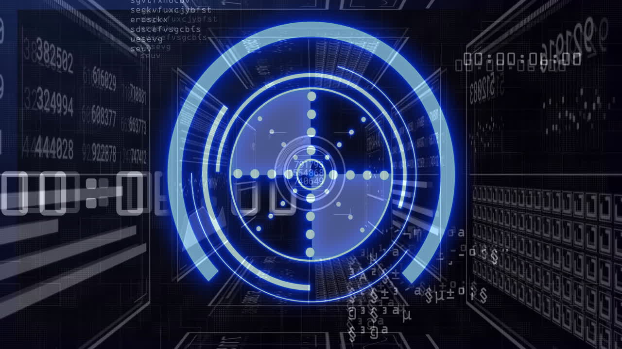 Futuristic blue digital target animation over complex data and coding background