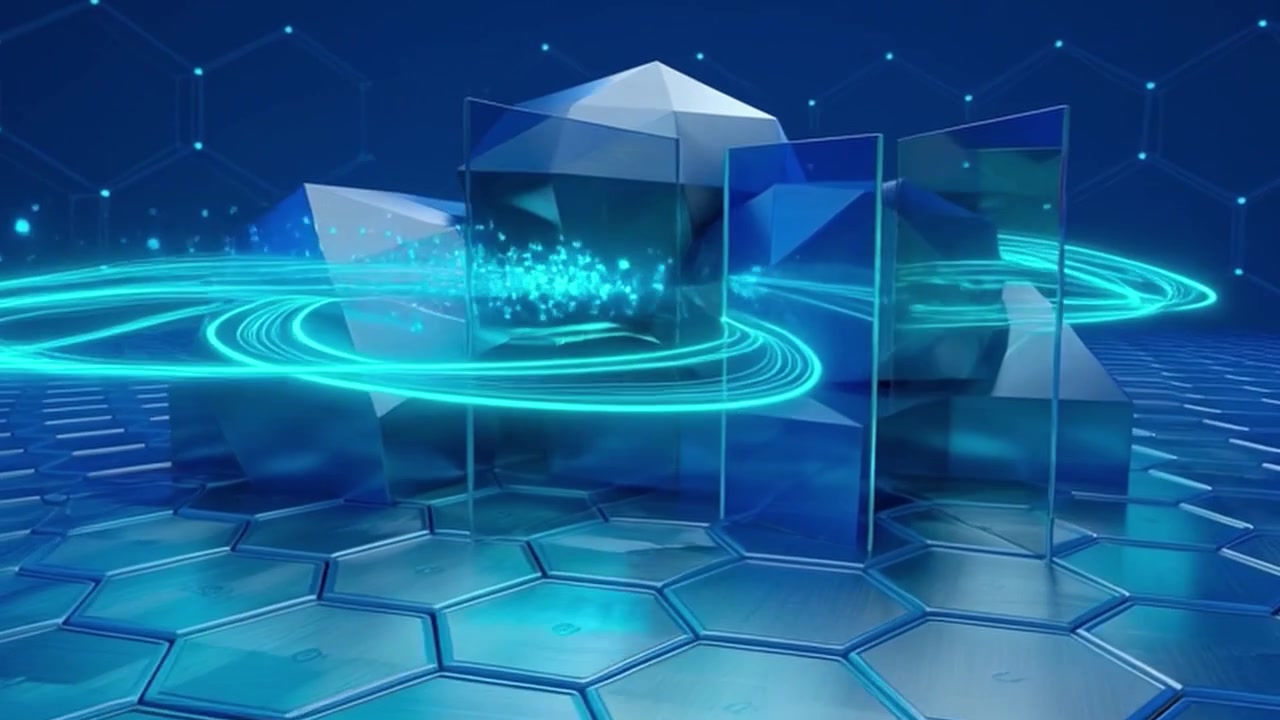 Abstract Digital Background with Glowing Light Trails and Geometric Shapes