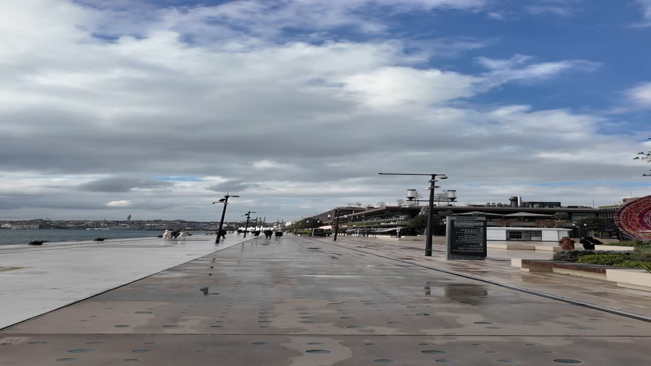 camino frente al mar de la ciudad en un día nublado
