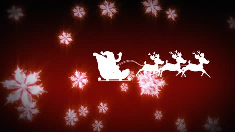 Santa-claus-in-sleigh-being-pulled-by-reindeers-against-snowflakes-floating-on-red-background