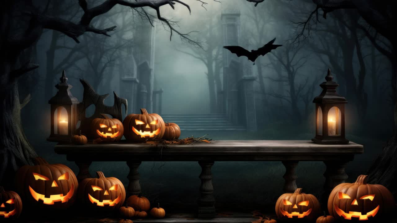 Spettrale scena di Halloween con zucche intagliate e lanterne su un tavolo