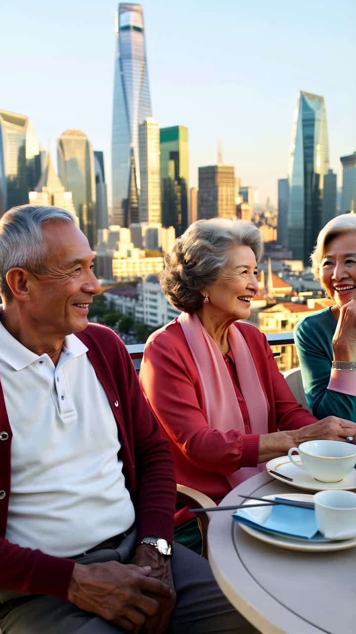 A group of older people are sitting at a table in a city, smiling