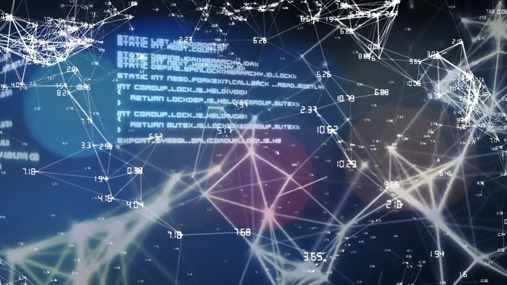 Animation of data processing with network of connections over blue background