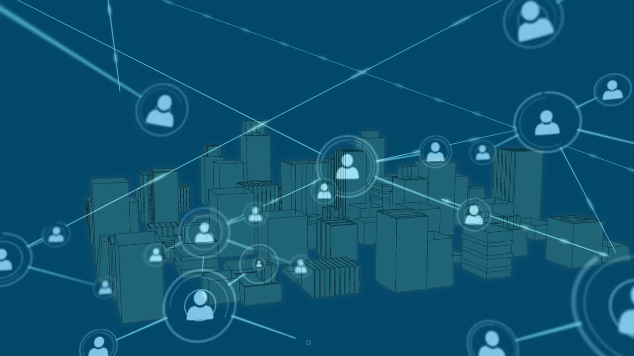 Animation of profile network connecting dots with 3d urban city on digital interface