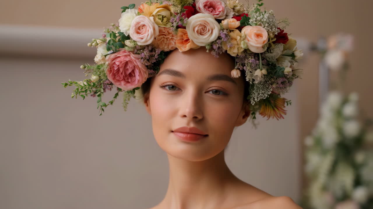 Portrait of a Woman Wearing a Vibrant Floral Crown