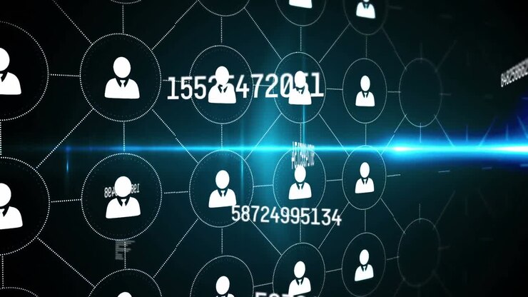 Animation of web of connections and icons over scientific data processing on black background