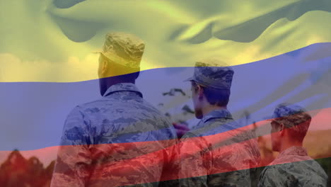 animación de la bandera de colombia sobre diversos soldados masculinos que saludan