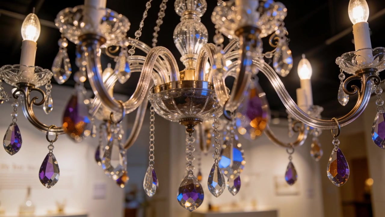 La messa a fuoco della fotocamera cambia, mostrando un lampadario di cristallo che brilla in galleria, mettendo in mostra pendenti a goccia.