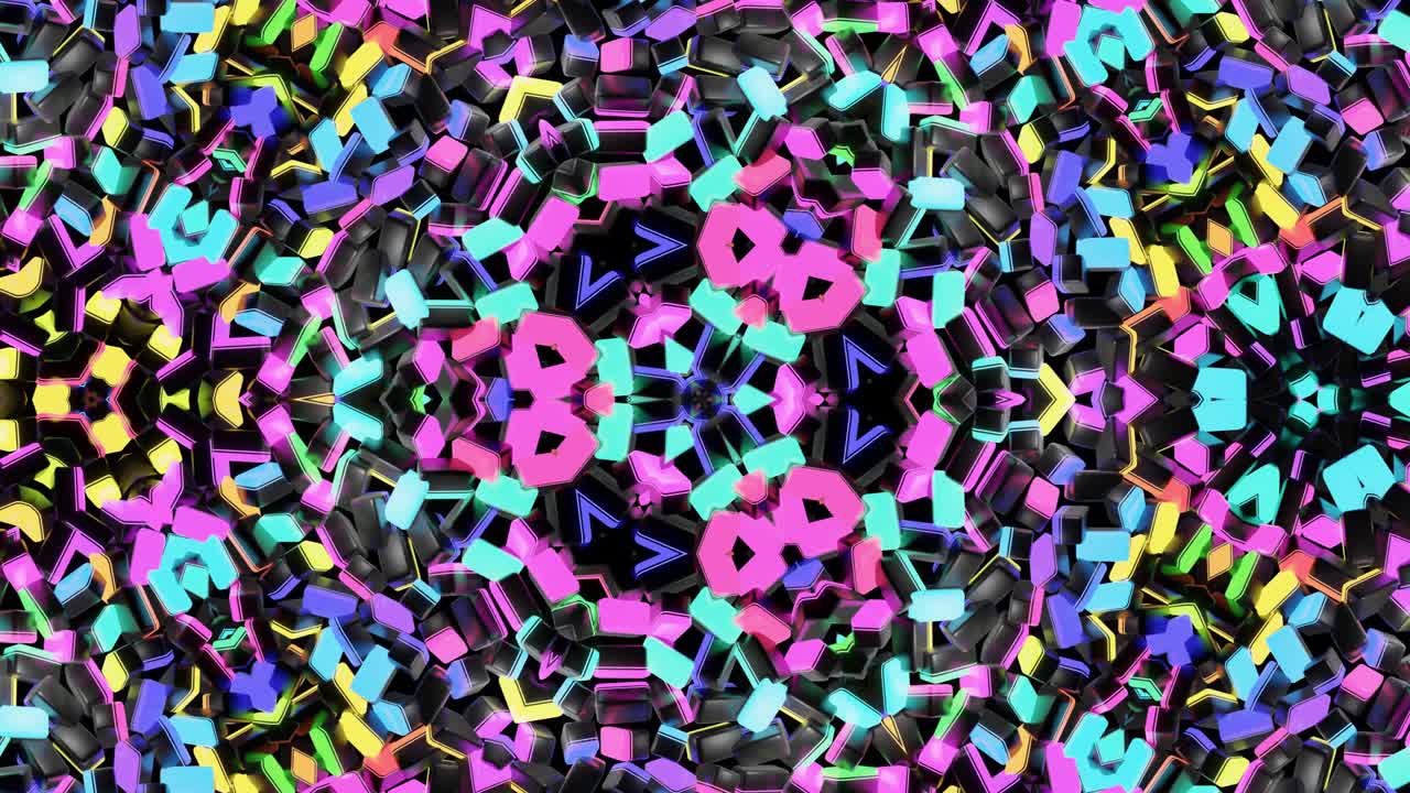 4k fondo en bucle abstracto con estructuras simétricas como caleidoscopio con bombillas de iluminación, luces de neón multicolores. bucle vj para música beat, espectáculo festivo o eventos de vacaciones, festivales o conciertos