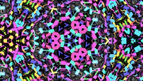 4k fondo en bucle abstracto con estructuras simétricas como caleidoscopio con bombillas de iluminación, luces de neón multicolores. bucle vj para música beat, espectáculo festivo o eventos de vacaciones, festivales o conciertos