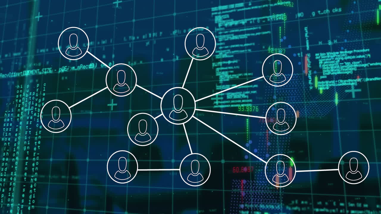 Animation of icon flowchart, multiple graphs and computer language over abstract background