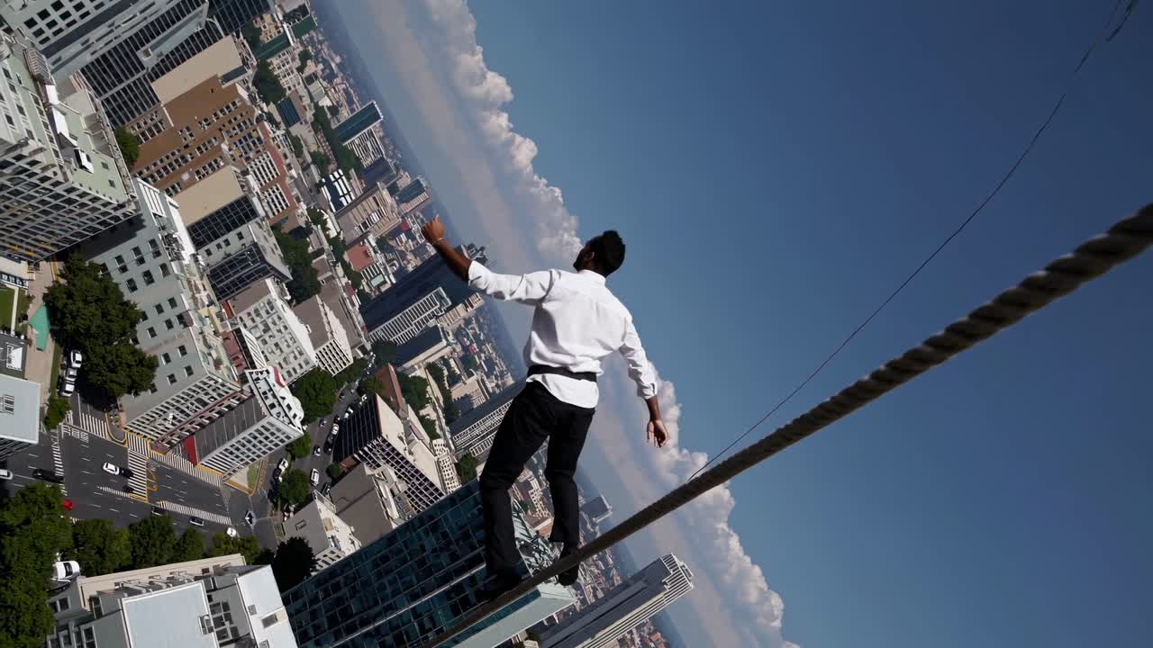 hombre caminando por una cuerda sobre una ciudad