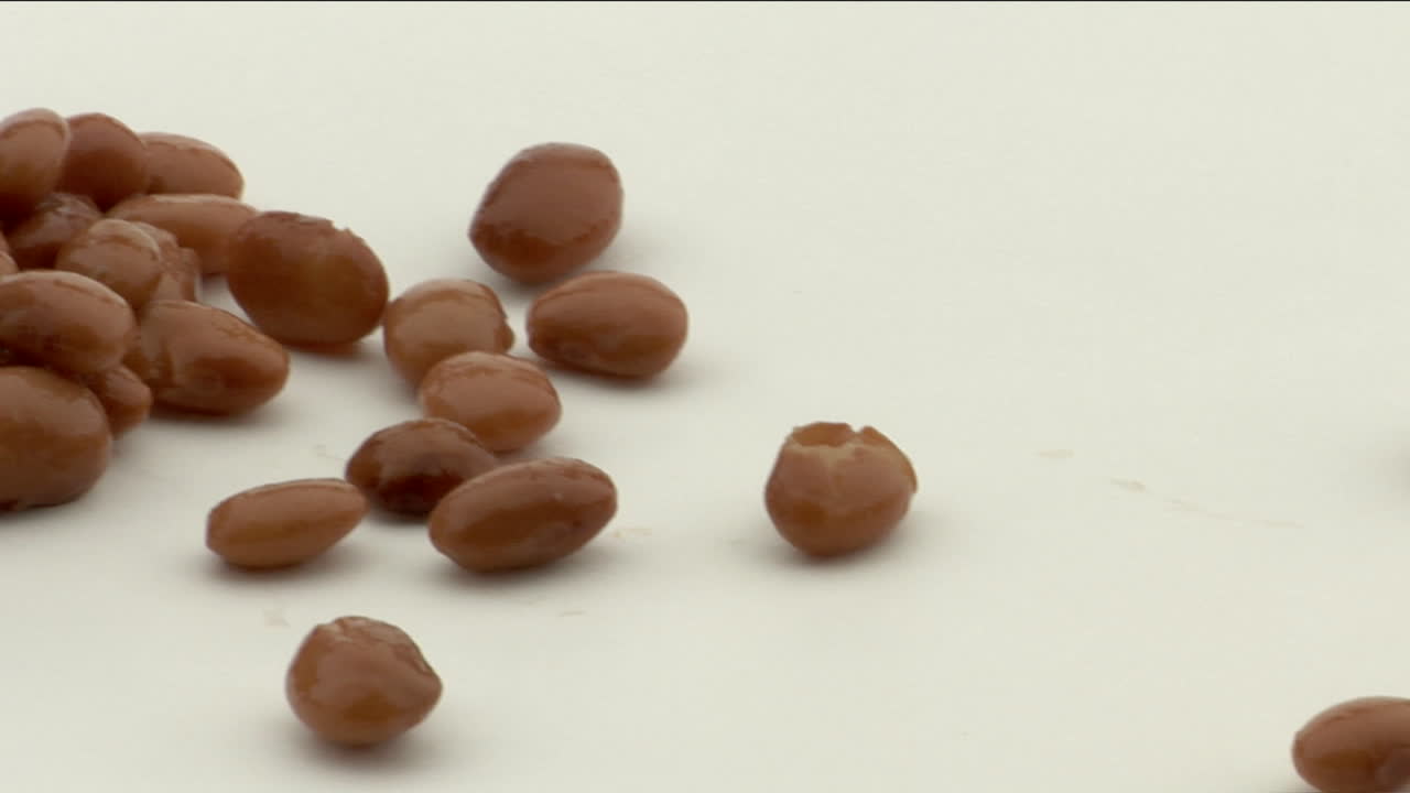 엎질러 진 콩은 하얀 바닥에 누워