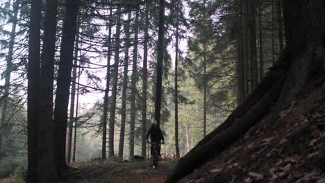 Mountain-Biker-Riding-Bicycle-in-Forest,-Slow-Motion