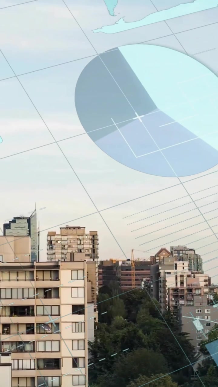Animação de gráficos processando dados sobre um céu azul nublado e paisagem urbana.