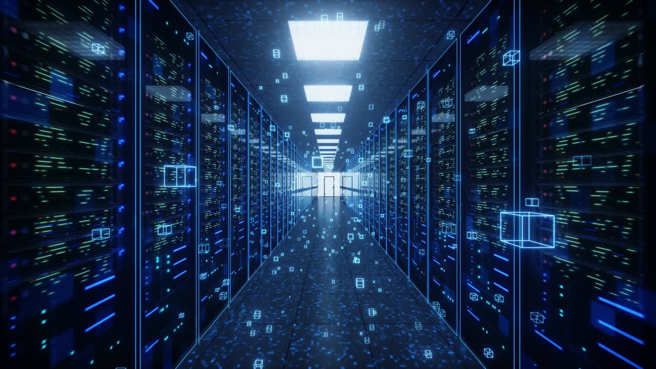 Flight through rack servers in computer data center with neural network connection. Concept of supercomputer. Digital information flows through networks. Mesh panels in a server room. 4K Animation 3d