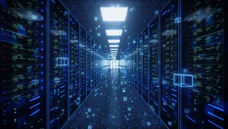 flight through rack servers in computer data center with neural network connection. concept of supercomputer. digital information flows through networks. mesh panels in a server room. 4k animation 3d