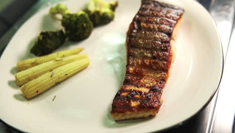 time lapse of salmon steak plate preparation