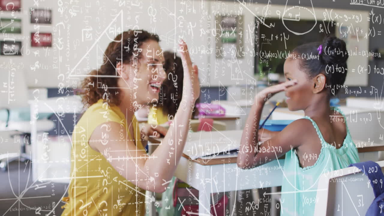 Animation of mathematical equations over biracial female teacher with diverse schoolchildren