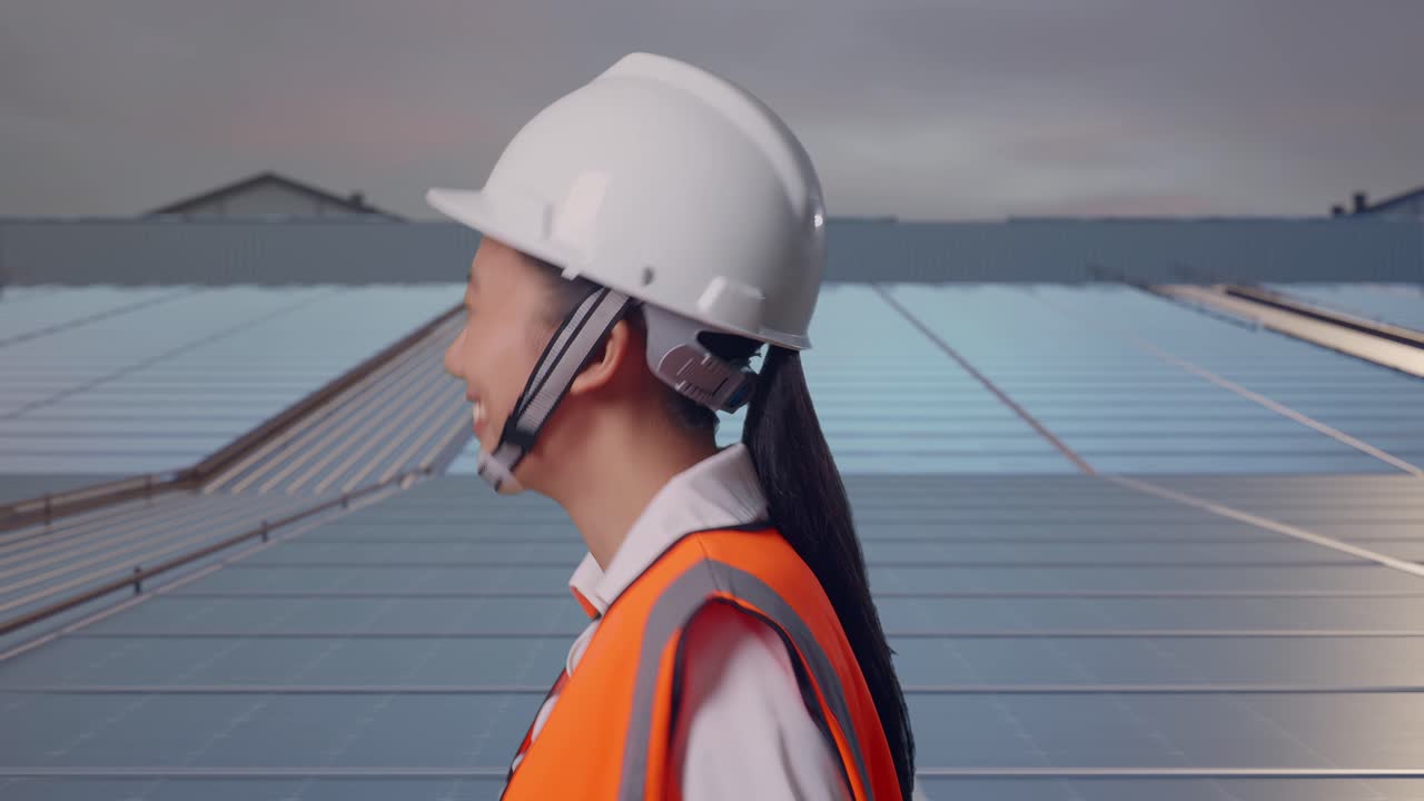 Ingegnere donna asiatica di profilo che saluta con la mano mentre cammina su un tetto industriale con pannelli solari