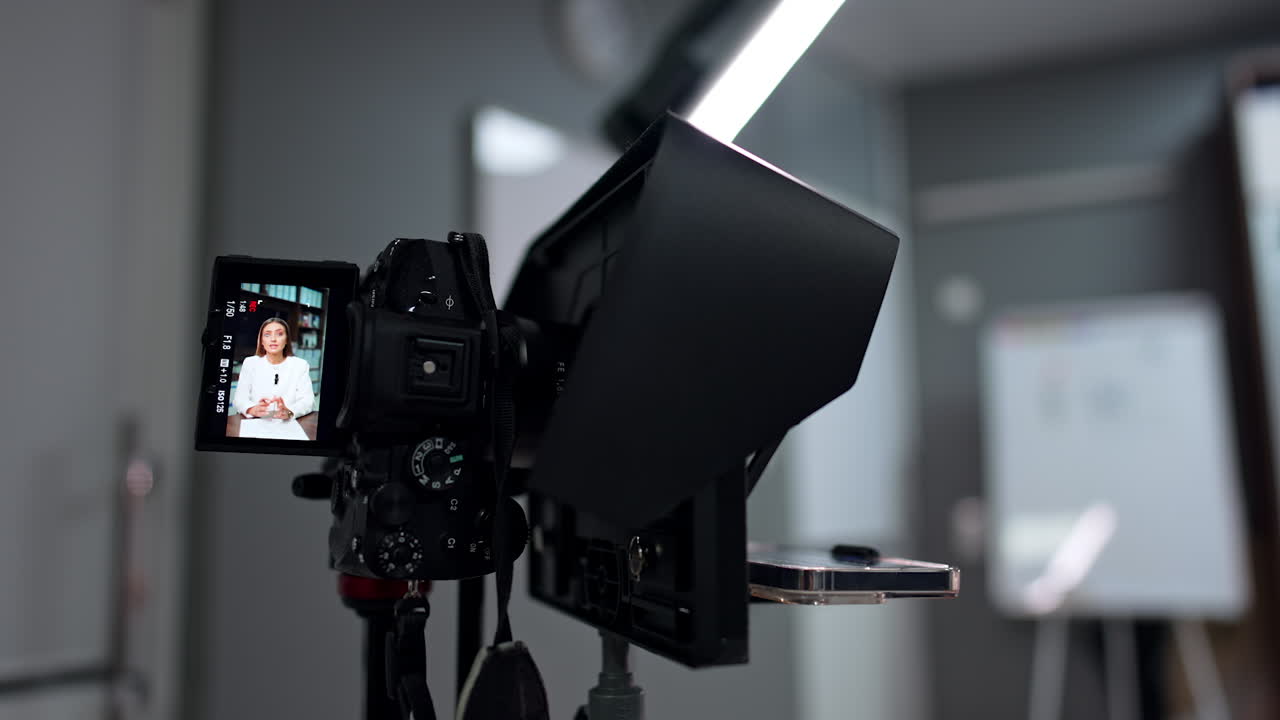 Working professional camera on tripod filming a female speaker. Close up. Smartphone attached to camera to show the subtitles. Blogging concept.