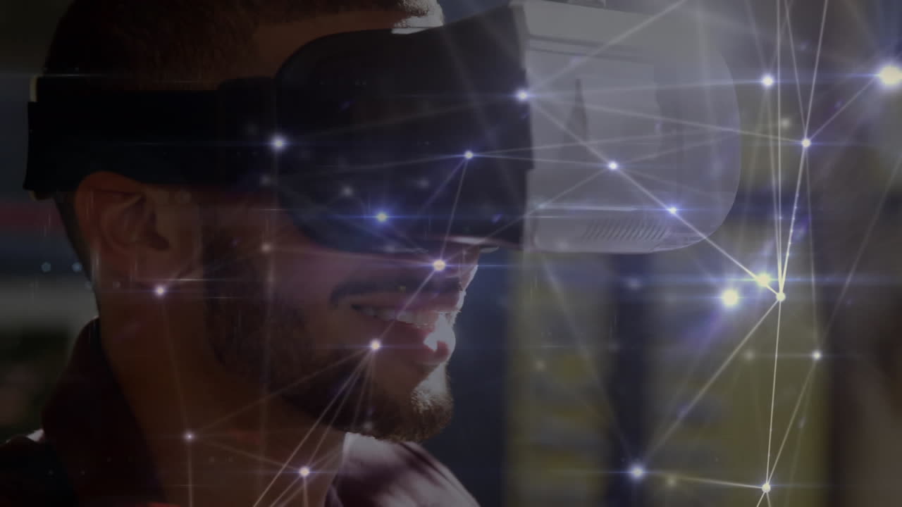 Animazione di una rete di connessioni sopra un uomo d'affari che indossa visori VR