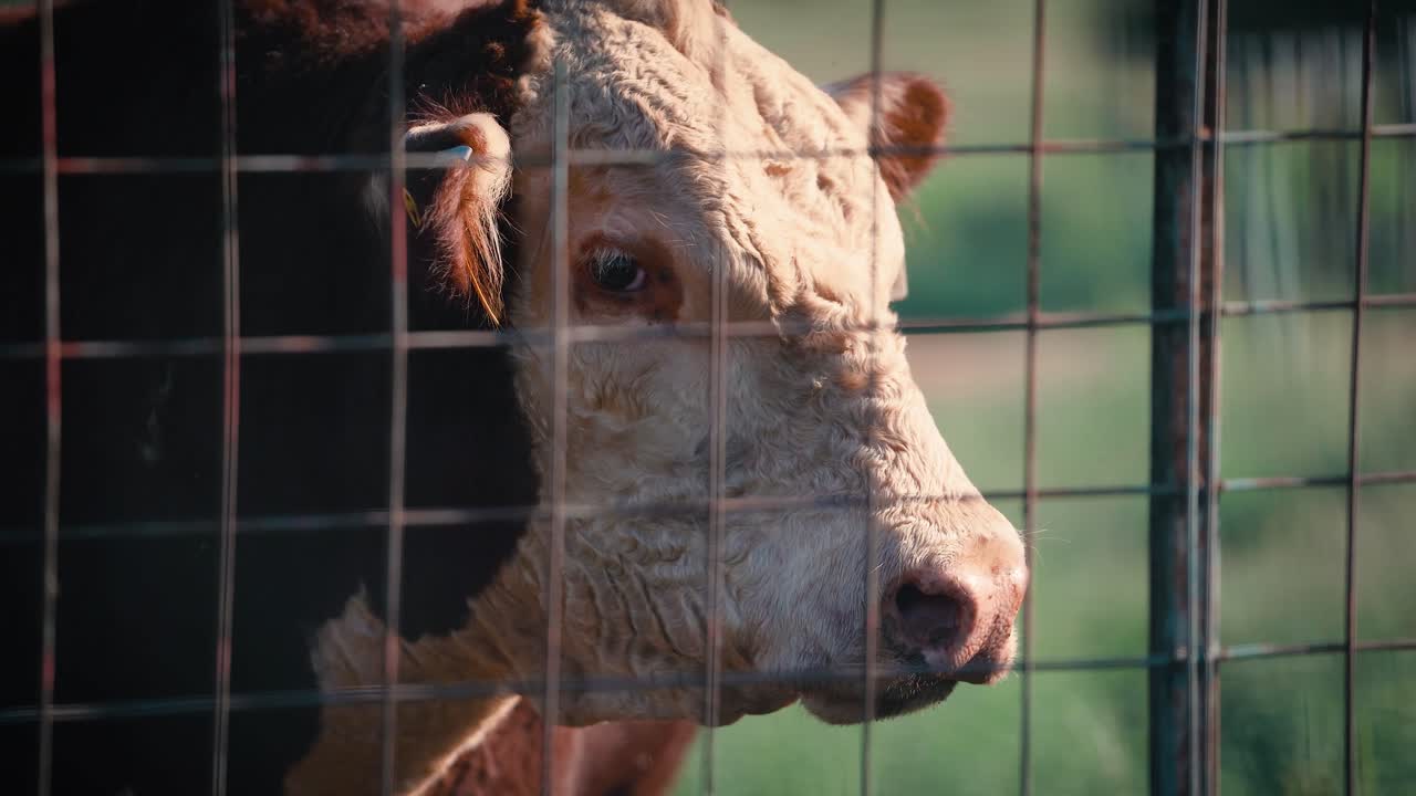 la vaca mira más allá de la valla en el rancho ganadero