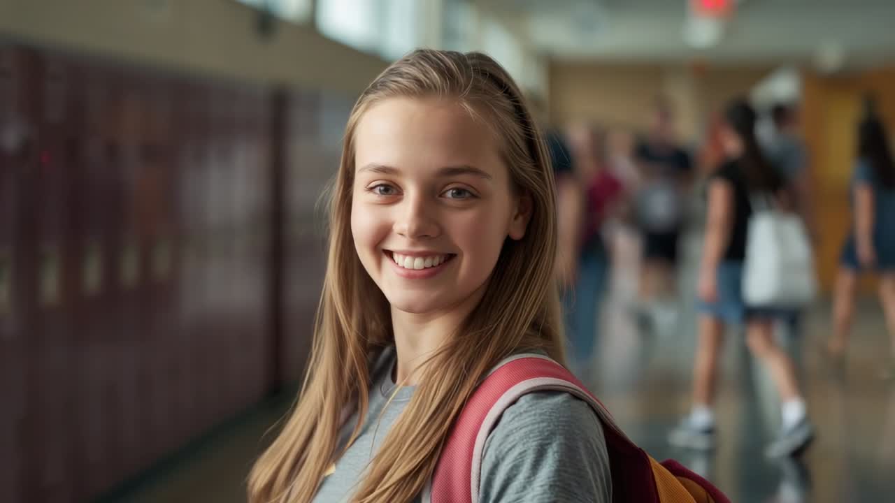 Estudante sorrindo com mochila rosa e camiseta cinza, reagindo ao movimento da câmera, alargando o sorriso no corredor da escola.