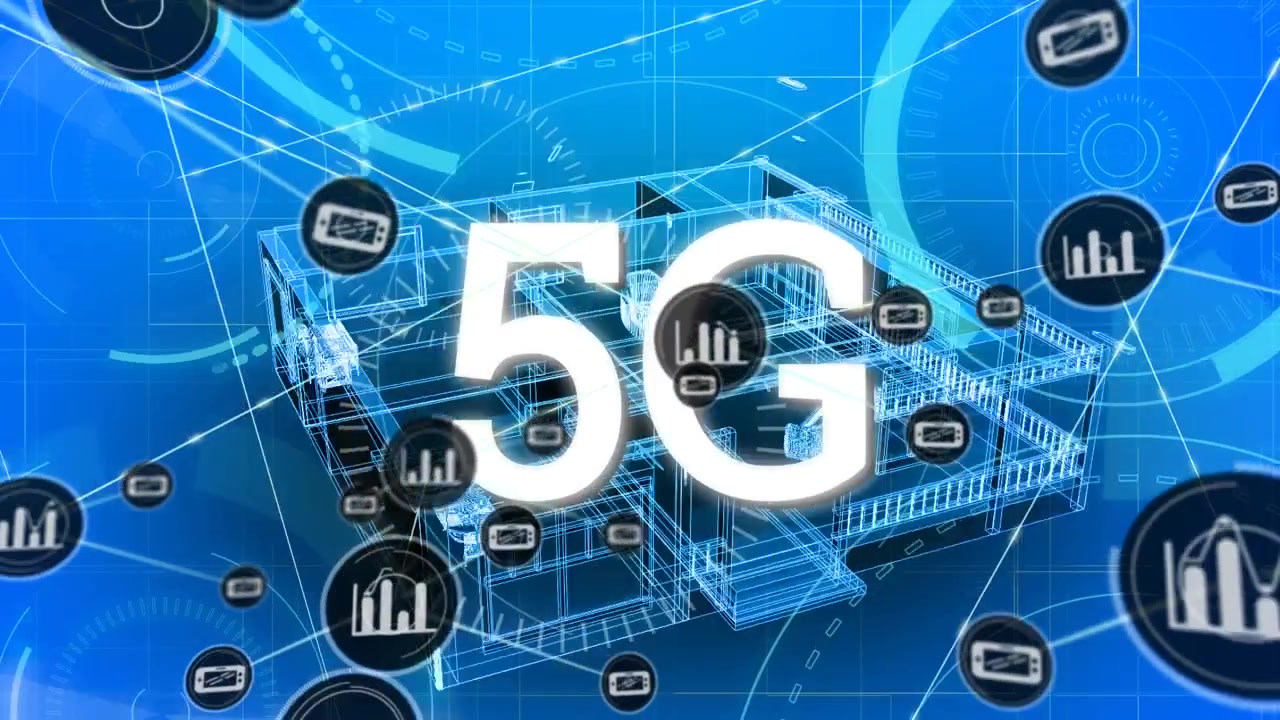 Animation af et netværk af forbindelser over 5G-tekst.