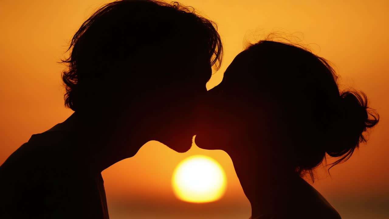 A Romantic Sunset Moment: Two Silhouetted Lovers Share a Tender Kiss Against the Backdrop of a Setting Sun, Capturing the Essence of Love and Connection